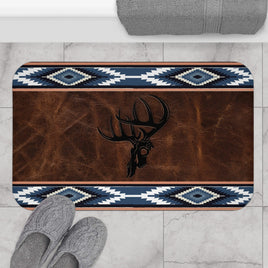 Deer Skull Blue Aztec Western Bath Mat Rustic Ranch Bathroom Home Decor for Outdoorsmen Hunting Lodge or Cabin Interior Decor