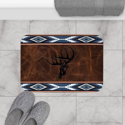 Deer Skull Blue Aztec Western Bath Mat Rustic Ranch Bathroom Home Decor for Outdoorsmen Hunting Lodge or Cabin Interior Decor