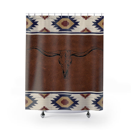 Texas Longhorn Aztec Rustic Western Shower Curtain Leather Print Country Western Bathroom Home Decor Ranch Cowboy Long Horn Home Decorations